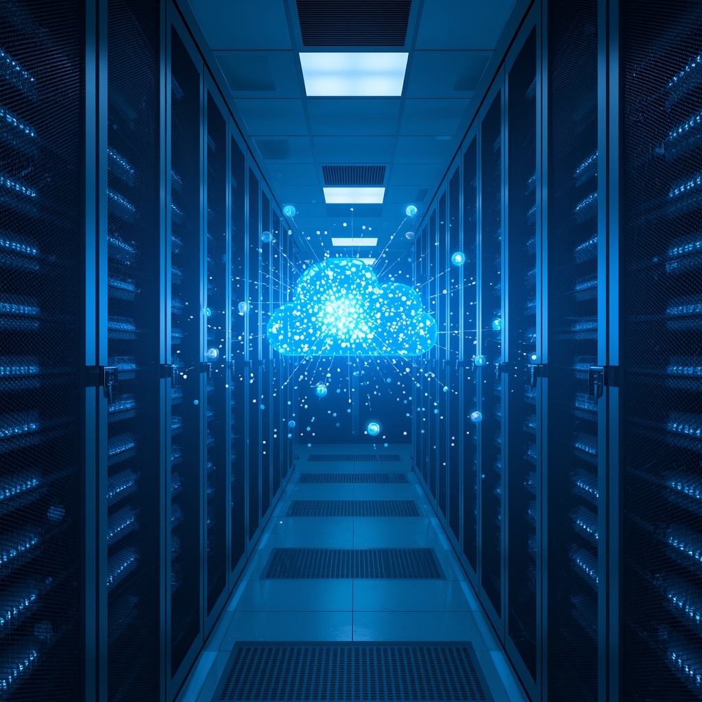 A high-tech server room with glowing blue led lights on racks of blade servers and floating translucent data nodes representing cloud storage